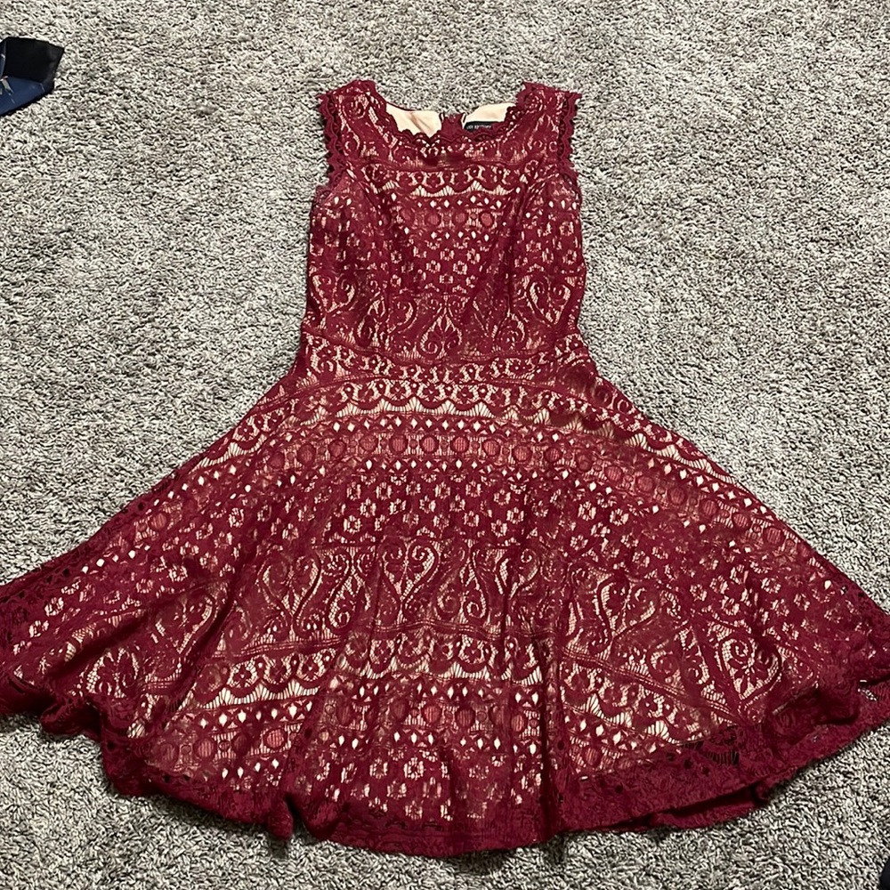 Jodi Kristopher Juniors Size 3 Knee Length Dress burgundy lace with nude liner
